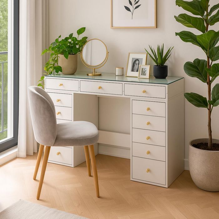 MENZZO Modernt Sminkbord med 13 lådor och klarglasskiva, 120 cm brett, Probeauty Vit