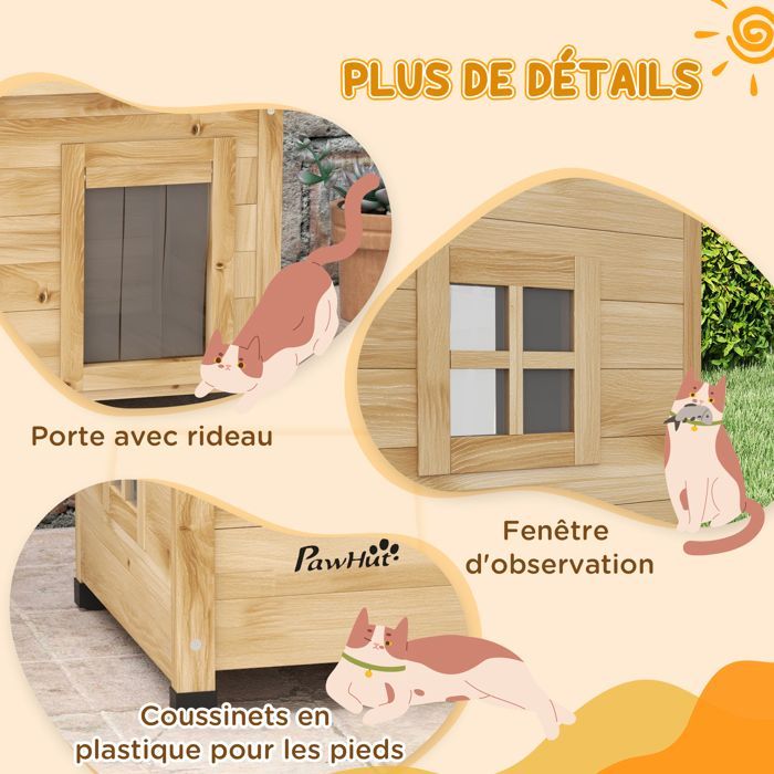 Caseta para gatos - PawHut - caseta elevada de madera para exteriores con techo de asfalto y puerta con cortina - madera - 57x45x43cm - amarillo
