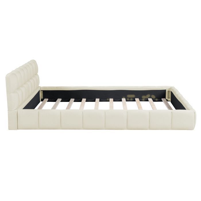 Lit 140 x 190 avec tête de lit et sommier, lit double tapissé lit au sol, cadre de lit 140x190 avec sommier à lattes, lin, beige