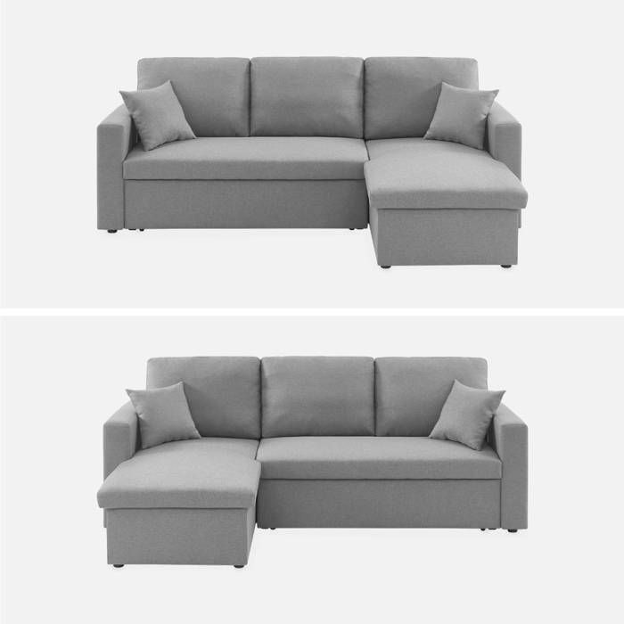 Canapé d'angle convertible en tissu gris clair - IDA - 3 places. fauteuil d'angle réversible coffre rangement lit modulable