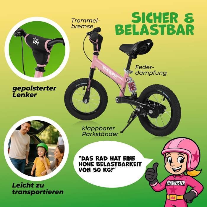 Rennmeister Pink Children's Balance Bike, No Pedals, Suspension, Max 50kg, Drum Brakes, Shock-Absorbing Padding, Cycling Saddle