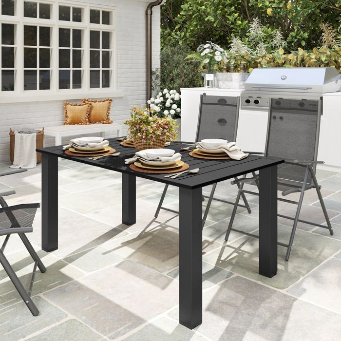 Tuintafel - Outsunny - voor 4 tot 6 personen - met parasolgat - metalen tafelblad met latten, stalen frame - zwart