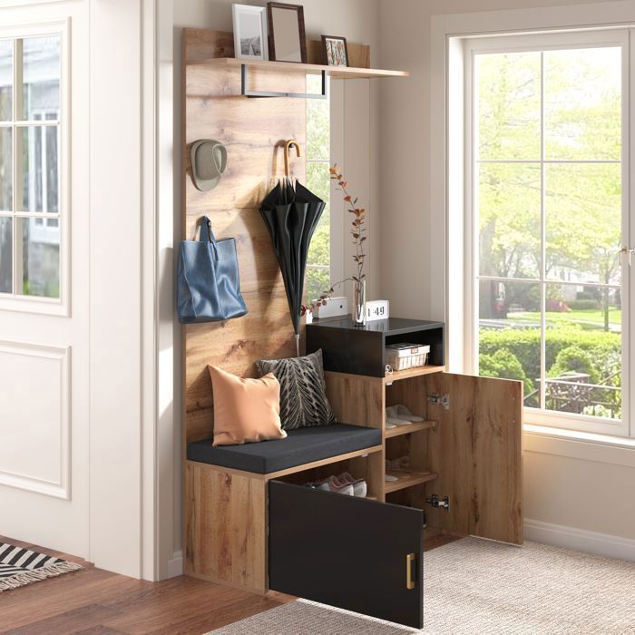 Entryway furniture - Wardrobe set with mirror and shoe cabinet, Entryway coat rack with hooks, 105x40x191.5cm, Black
