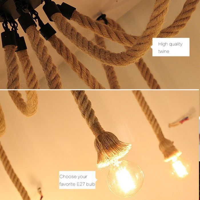 WOTTES Rétro Lustre Suspension Araignee Corde de Chanvre avec 3 Bras E27 Douille,  Industriel Lampe DIY 2.0m Fil Longueur Ajustable