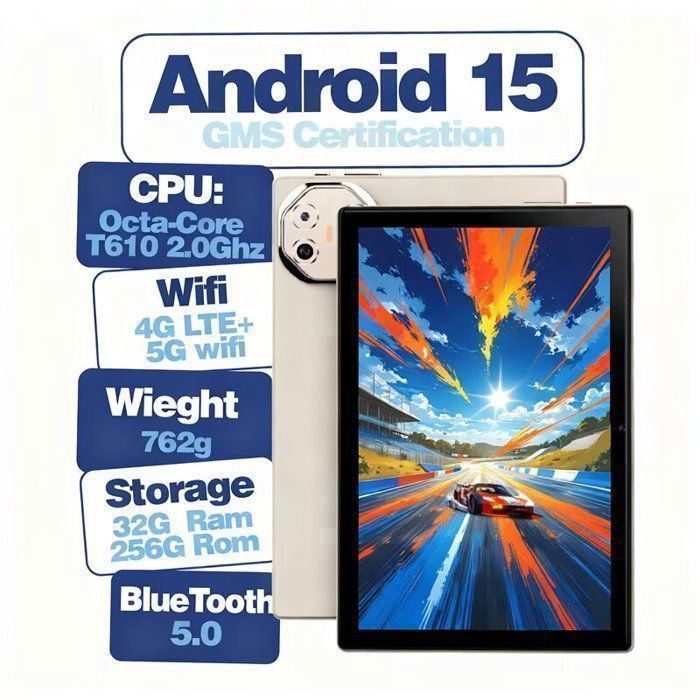 Tablette tactile  TAKINURU  32 Go RAM  256 Go 10,1 pouces - Android 15 -  Wi-Fi 5G,8000mAh,dorée