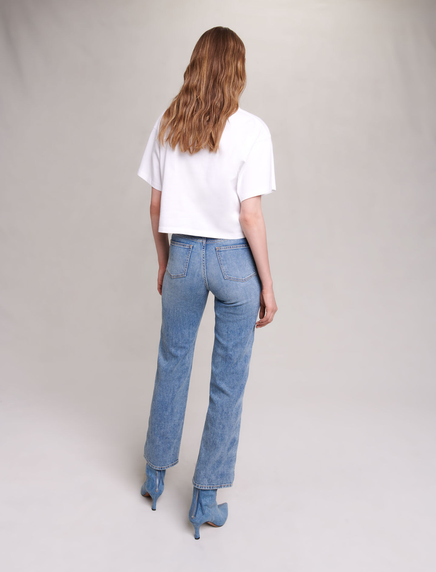 Kort T-shirt met vlinders en strass-steentjes - Wit