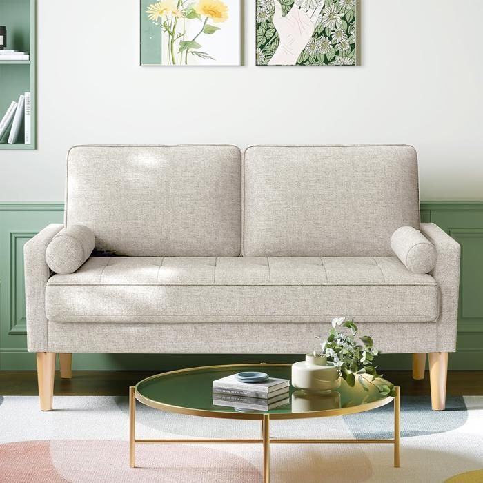 Sofá de 2 plazas en tela beige, 121 x 77 x 87 cm, estilo escandinavo, con 2 cojines y patas de madera.
