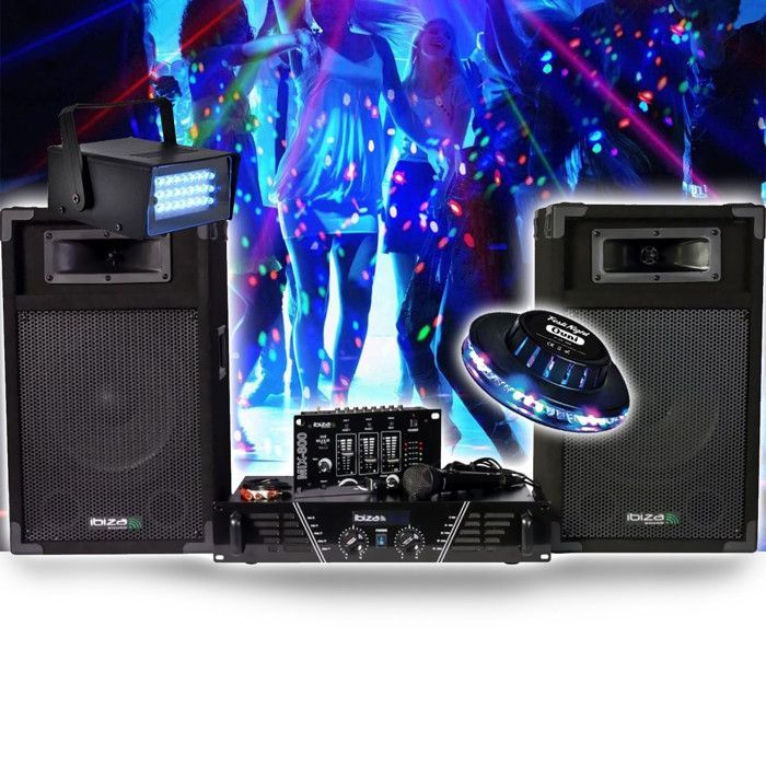 COMPLETE SOUND SYSTEM PACKAGE Disco 480W IBIZA SOUND DJ300 Amplifier - Mixer - Speakers - Microphone, UFO LED Strobe Light Effect