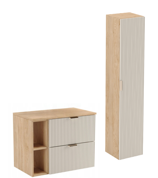 Zestaw Łazienkowy 80cm Szafka Blat Regał Słupek Ryfle Kaszmir/Orzech
