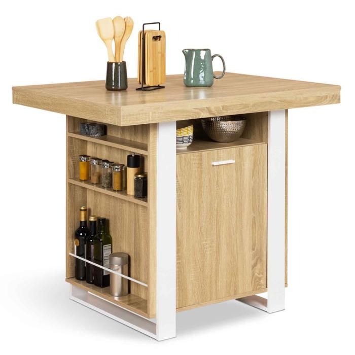 Isla central IDMARKET PHOENIX de 110 cm en madera y blanco con almacenamiento.