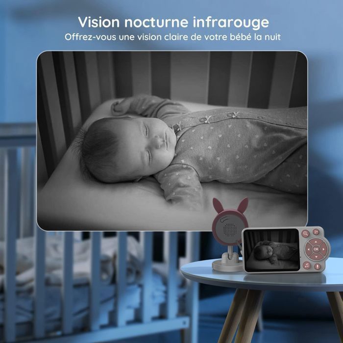 FOSMET BabyPhone Camera, Zoom 4X/2.4GHz Communication Bidirectionnelle/Berceuse/Vision Nocturne/VOX/Capteur de Température, Rose