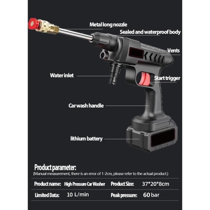 Idropulitrice ad alta pressione senza fili da 60 bar, idropulitrice ad alta pressione alimentata a batteria con 1 batteria inclusa, macchina per il lavaggio auto senza fili