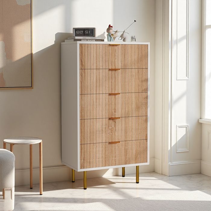 Commode 5 Tiroirs, Meuble Rangement Moderne, Coiffeuse, Meuble Chambre Bureau Salon Cuisine, 60x34x109cm, Multicolore