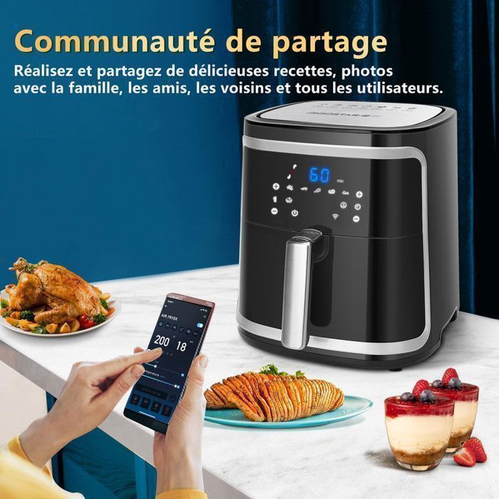 Aigostar Smart Cube - Friggitrice ad aria con connessione Wi-Fi, grande capacità 7 litri. Senza BPA, 1900 W. 7 programmi per mantenere il cibo in caldo.
