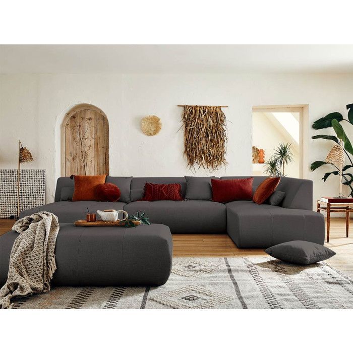 Onyx - Sofá modular panorâmico de canto direito com 7 lugares - em tecido - Cinza Escuro