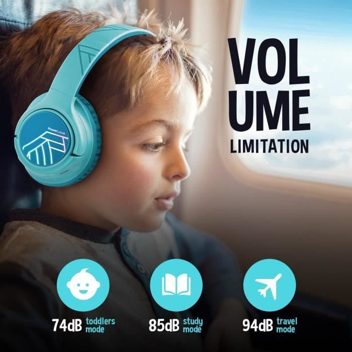 Casque Audio Enfant - PowerLocus - Bluetooth - Volume Limité 74-85-94dB - 45 Heures - Lumières LED Colorées