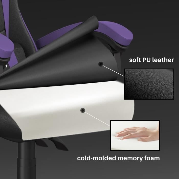Sedia da gaming, sedia da ufficio ergonomica, sedia da gaming girevole, con cuscino e schienale, braccioli regolabili, nera e viola