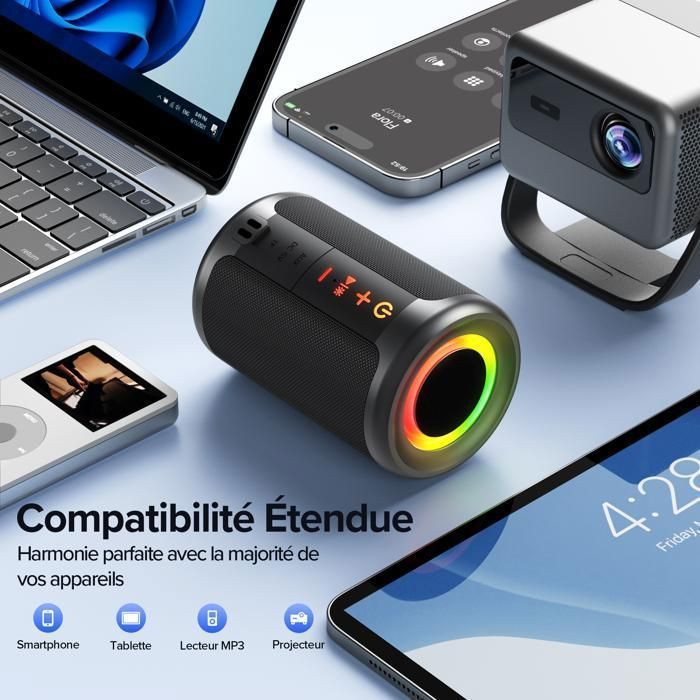 DJOIN Tragbarer Lautsprecher, 360°-Sound, Bluetooth 5.4, IPX5, Stereo-Kopplung, RGB-Beleuchtung, AUX-Anschluss, TF-Kartensteckplatz, 1800 mAh Akku, Freisprechfunktion