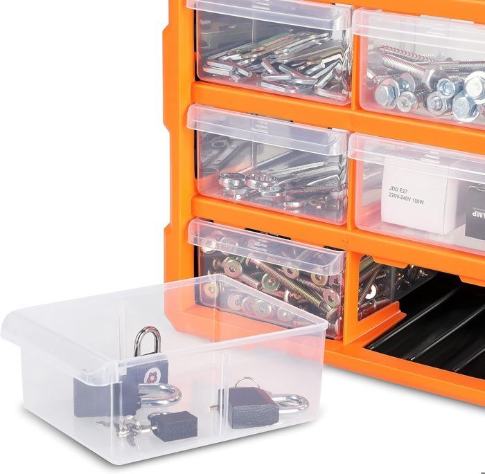 Caja de herramientas de plástico con 18 compartimentos extraíbles. Estante para tornillos.