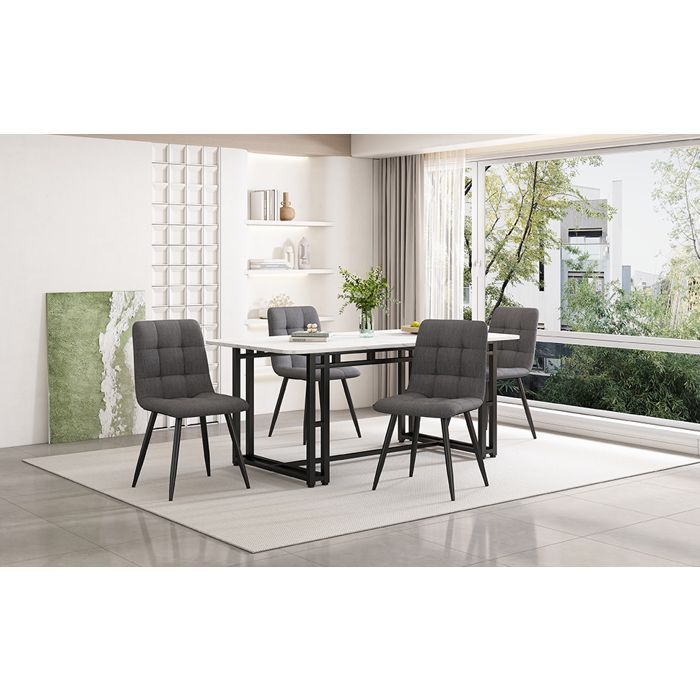 Schwarzer Esstisch (140 x 80 cm) mit 4 Stühlen, modernes Küchen-Esszimmer-Set, dunkelgraue Leinenstühle, Tisch