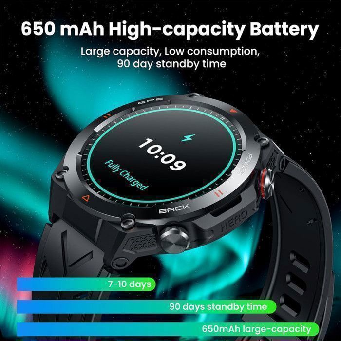 Men's Smartwatch with GPS, Sport Function, Calling, Compass, Barometric Altimeter, Heart Rate Monitor, 650mAh Battery, 3 Straps, Tactical Steel, Silicone