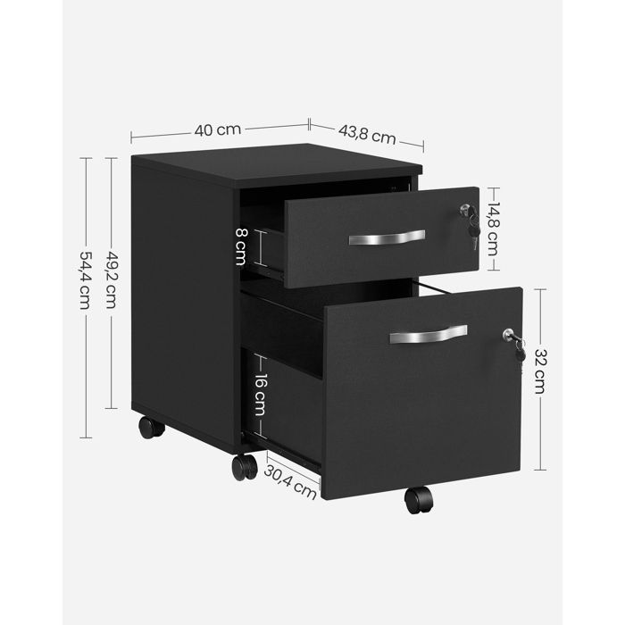Caisson de Bureau VASAGLE - Rangement pour Dossiers Suspendus - Noir LCD22BV1