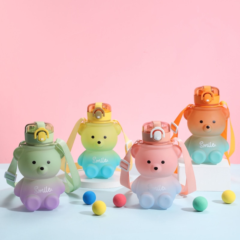 800 ml Kawaii Butelka na wodę dla dziewczynki Gradientowy słodki miś Plastikowa butelka do picia dla dzieci ze słomką Koreańska szkoła sportowa