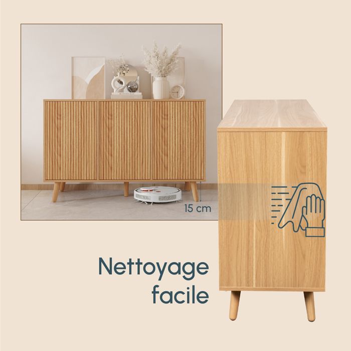 Buffet Enfilade RENZO - Design 3D Strié - 3 Portes Push-to-Open - L 120 cm - Chêne Alba Mat - Pieds 15 cm - Style Scandinave