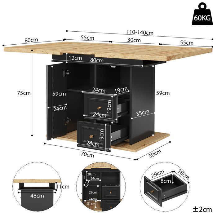 Table cuisine extensible bois 4 à 6 personnes, table salle à manger rangement avec 2 tiroirs, étagère et porte, 110–140x80 cm, Noir