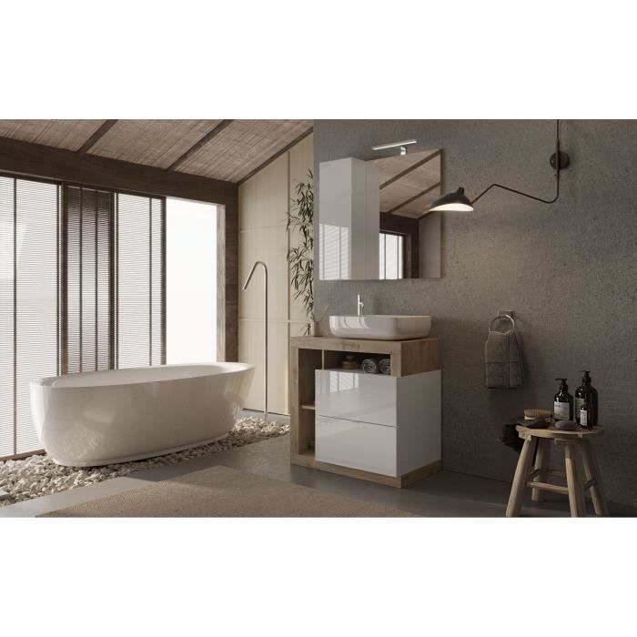Mueble de baño con lavabo individual, 78 cm de ancho - Acabado en roble claro y laca blanca - HAMBURGO