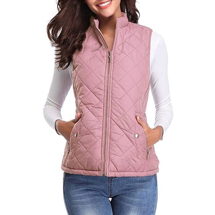 Gilet Sans Manches Femme - Zippé Veste Hiver Gilet-Doudoune Léger Hiver/Automne - Pour Voyage/Travail-Rose