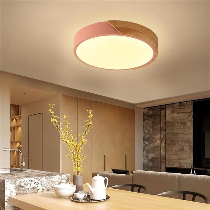 WOTTES Plafonnier en Bois Rond - LED Plafond Luminaire Moderne Pour Salon Chambre Couloir Cuisine - 30*30CM - Rose - Blanc Chaud