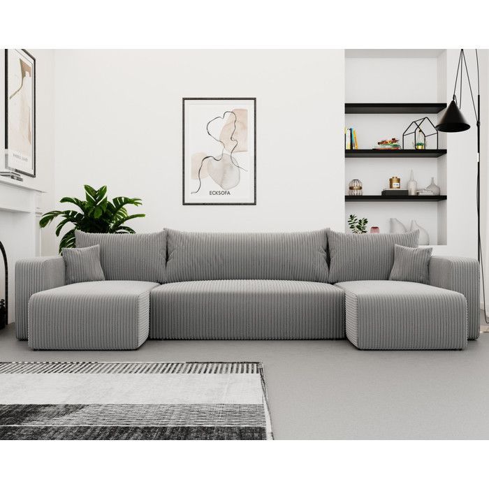 Divano angolare panoramico PIANO U - 7 posti - Divano trasformabile con contenitore - Tessuto in velluto a coste - Grigio chiaro