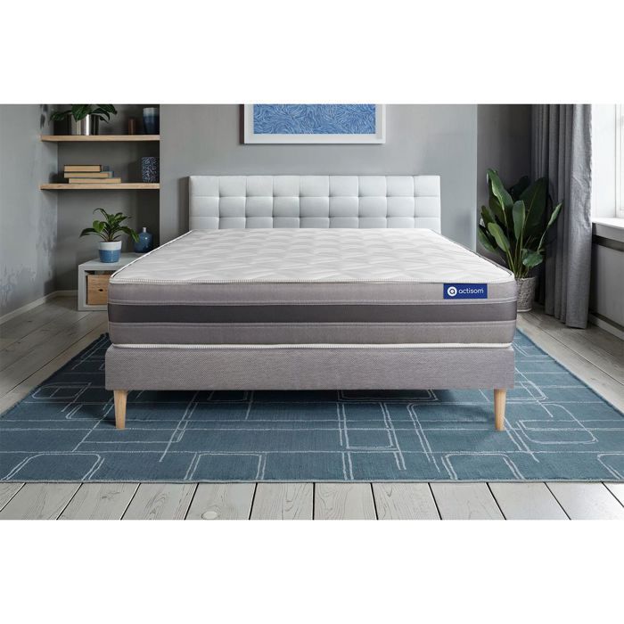 Ensemble Matelas Sommier 90x200 cm - Sommier Gris (en kit) - Actimemo Relax