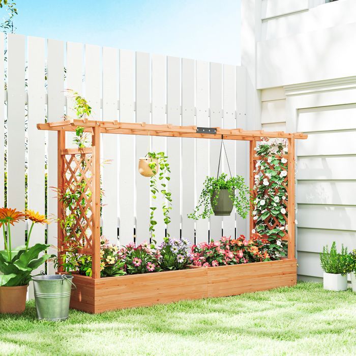 Jardinière surélevée - Outsunny - avec treillis latéral et supérieur, trous de drainage - pour plantes grimpantes - bois naturel