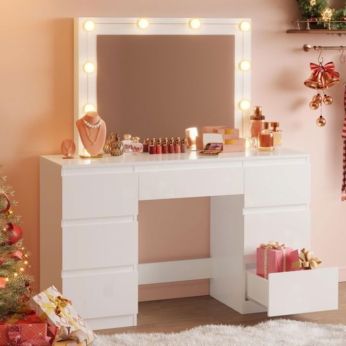 Tocador WOLTU - Espejo LED con brillo ajustable - 7 cajones grandes - Mesa de maquillaje blanca W0ETT0020