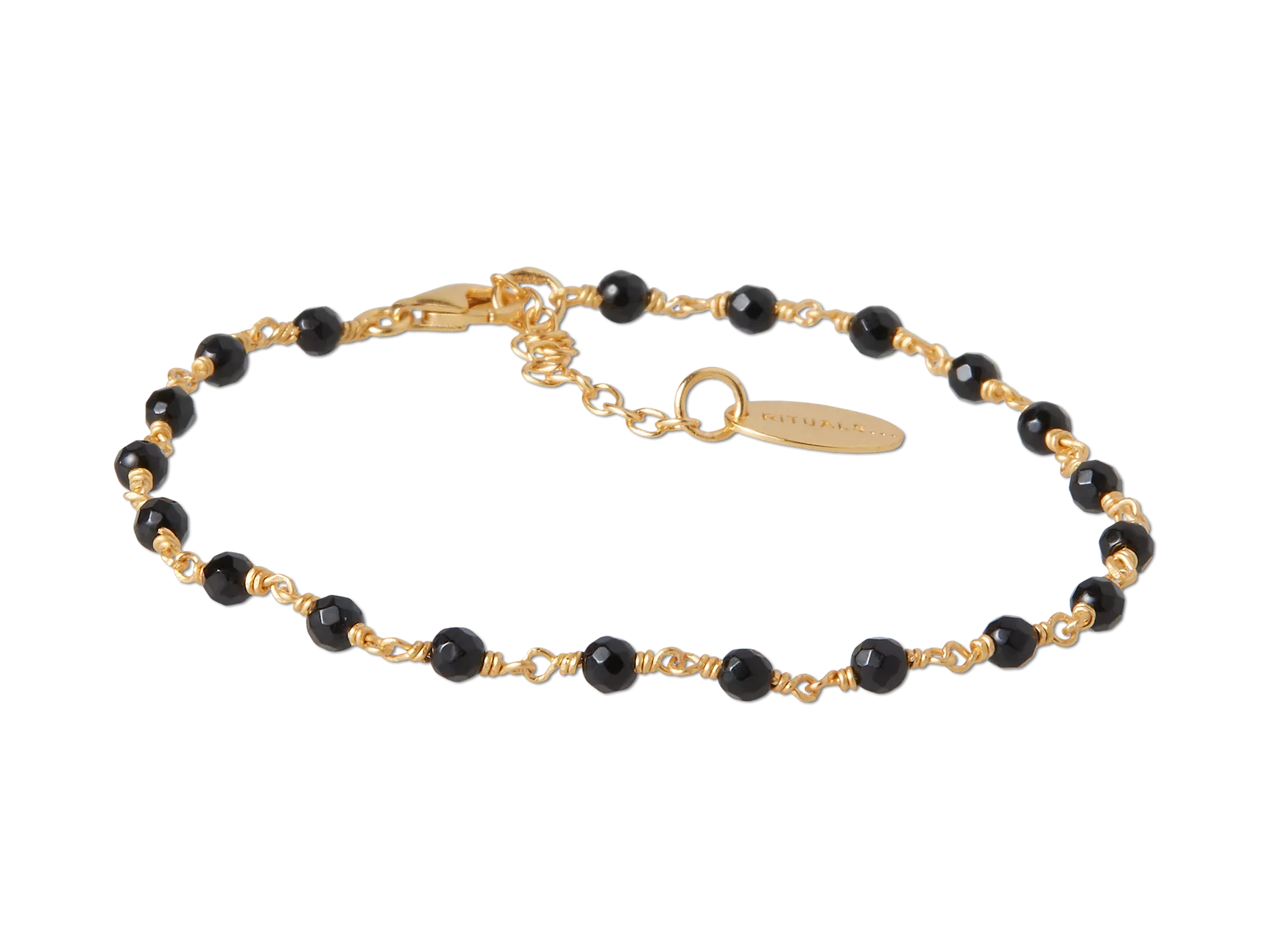 Bracelet à chaîne en perles d'onyx noir plaqué or