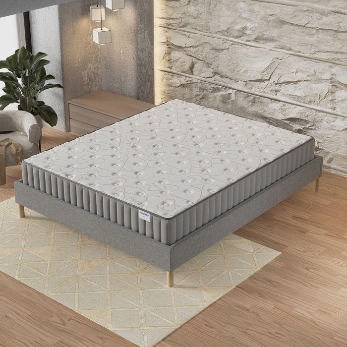Matras + Bedbodem (120 x 190 cm) - Orionis traagschuimmatras 22 cm + stabiele houten bedbodem, grijze stoffen hoes