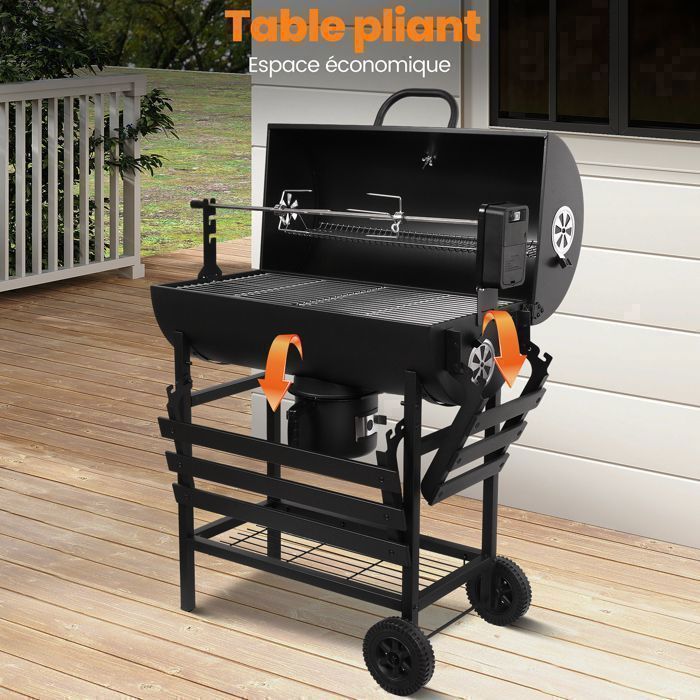 Barbacoa de carbón con asador eléctrico, carrito con tapa, termómetro, 2 estantes laterales plegables, cajón para cenizas.