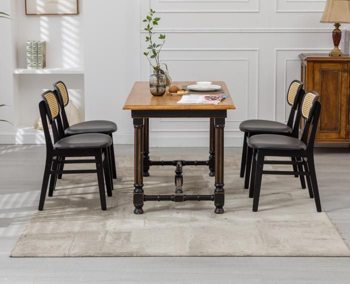 Wahson Chaise de Salle à Manger Lot de 2 Chaise Salle à Manger Bois Rétro et Rotin, Chaise de Cuisine pour Salon, Cuir PU, Noir