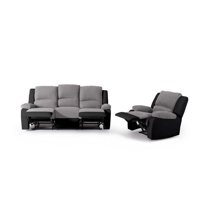 Ensemble de Canapés Relaxation manuel 3 places et 1 place Microfibre Grise / Simili Noir LEO - LOUNGITUDE