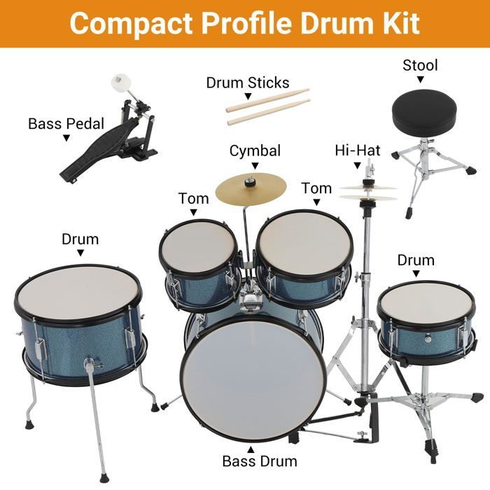 Batería completa de 5 piezas - LUNSY - Bombo - Caja - 2 toms - Tom de piso - Hi-hat - Platillos