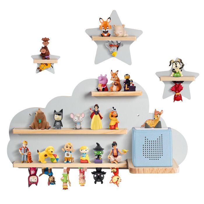 Estante magnético para Tonie Box y Tonies, con capacidad para 20-25 Tonies, estante de pared con forma de caja de música, color gris nube y estrella.