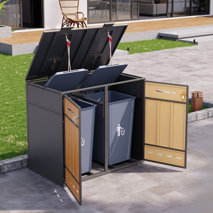 Cache-poubelle double extérieur - LANGTU - Double 120-240L - Acier gris effet bois - Couvercles rabattables verrouillable - Ventilé