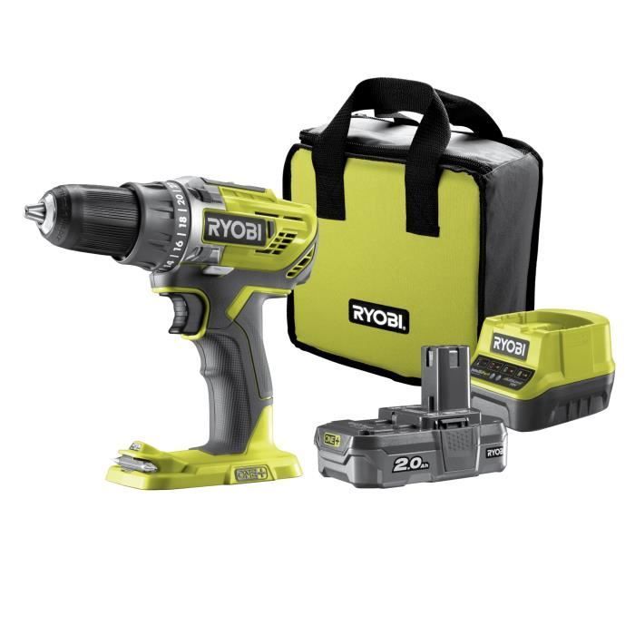 RYOBI - Taladro/atornillador inalámbrico ONE+ de 18 V - 50 Nm - 500-1800 rpm - Portabrocas de 13 mm + 1 batería de 2 Ah, cargador y bolsa - R18DD3-120S