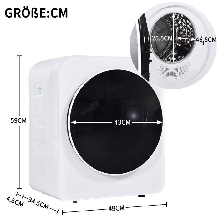 Sèche-linge 3kg 830W Blanc - Evacuation - Inox - 5 Programmes - Triple Filtre - Antisurchauffe - Murale ,Classe G