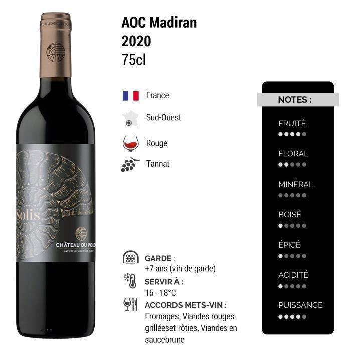 Madiran Solis Rouge 2020 - Lot de 3x75cl - Château du Pouey - Vin AOC Rouge du Sud-Ouest - Cépage Tannat