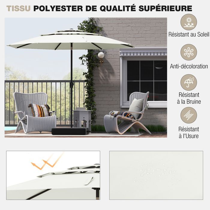 300 cm 3-laags geventileerde terrasparasol - COSTWAY - Kantelmechanisme met drukknop - Draaihendel - 8 stevige baleinen - Wit