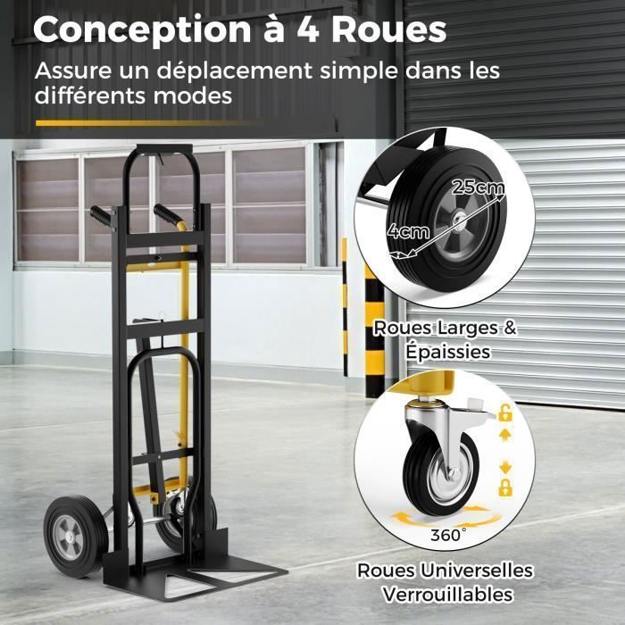 Carretilla metálica plegable COSTWAY - 3 modos - 4 ruedas de goma - Cuerda de conexión - Mango antideslizante - 450 kg - Negro + Amarillo