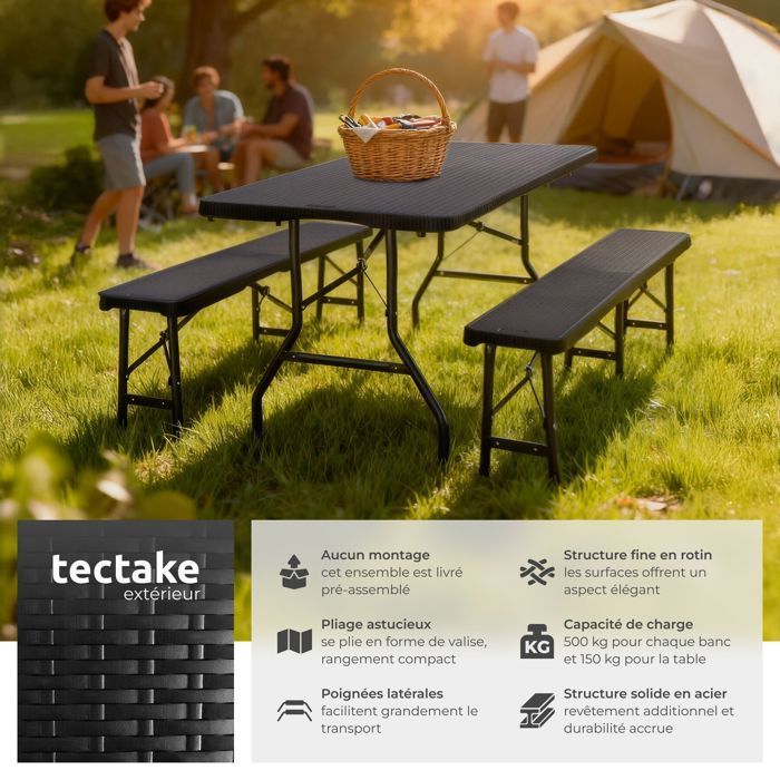 Mesa de camping con bancos - TECTAKE - Conjunto de comedor VANI: 1 mesa, 2 bancos, compacto y plegable con asas de transporte - Negro